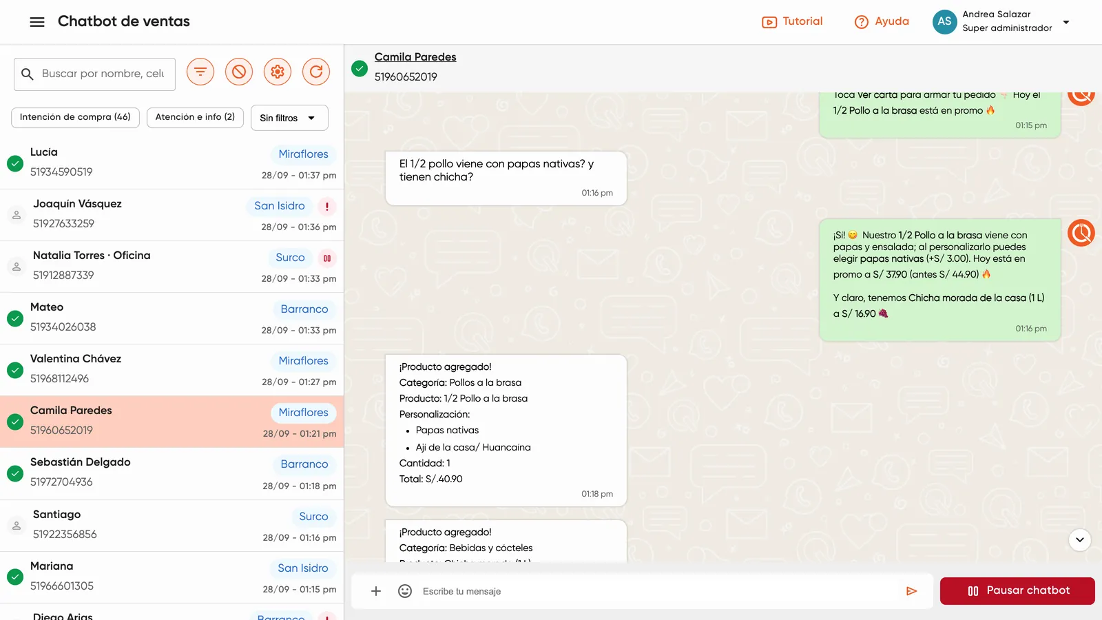Panel del chatbot de ventas: la IA responde a un cliente y arma su carrito en WhatsApp