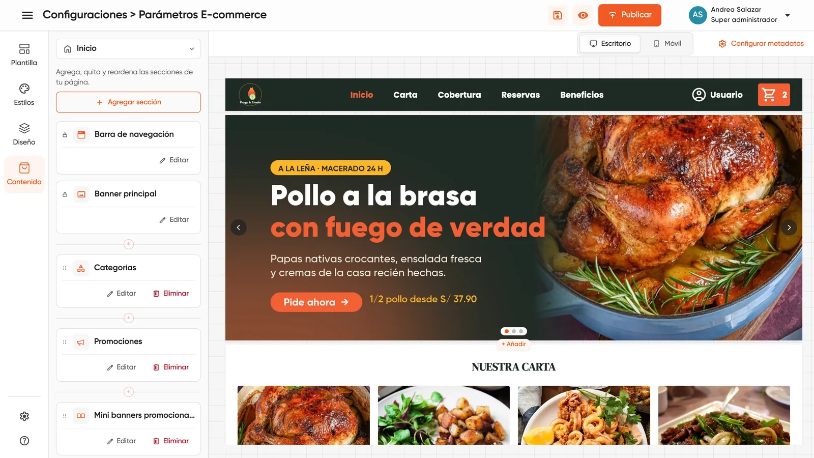 Constructor de la web de pedidos: secciones de la página de inicio y vista previa del banner