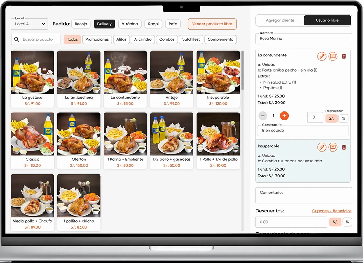 Punto de venta de Quick eat! con la carta de una pollería y el detalle del pedido